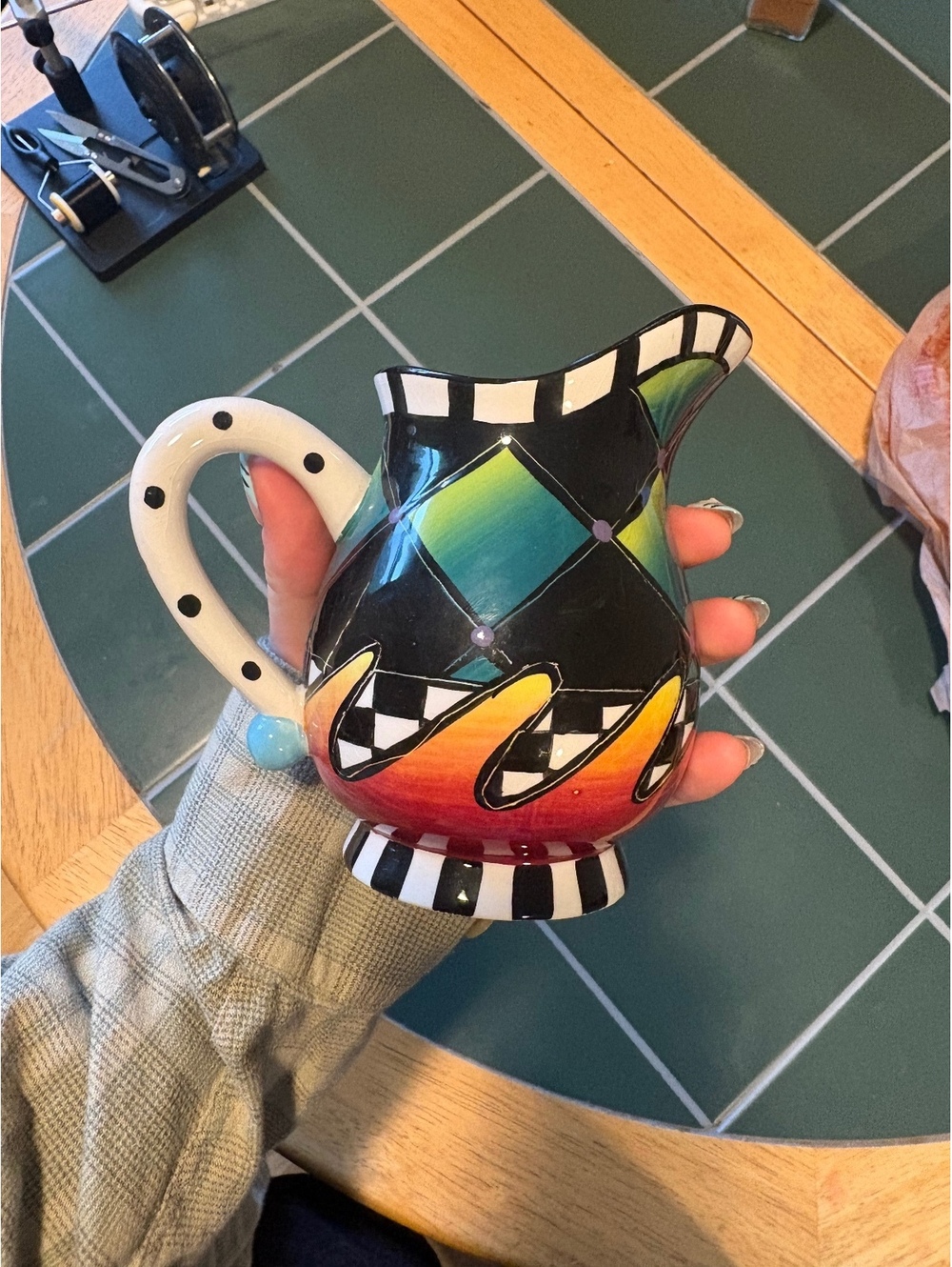 Vtg Carnival Hand Painted Harlequin Diamond Checkered Creamer Pitcher Whimsical